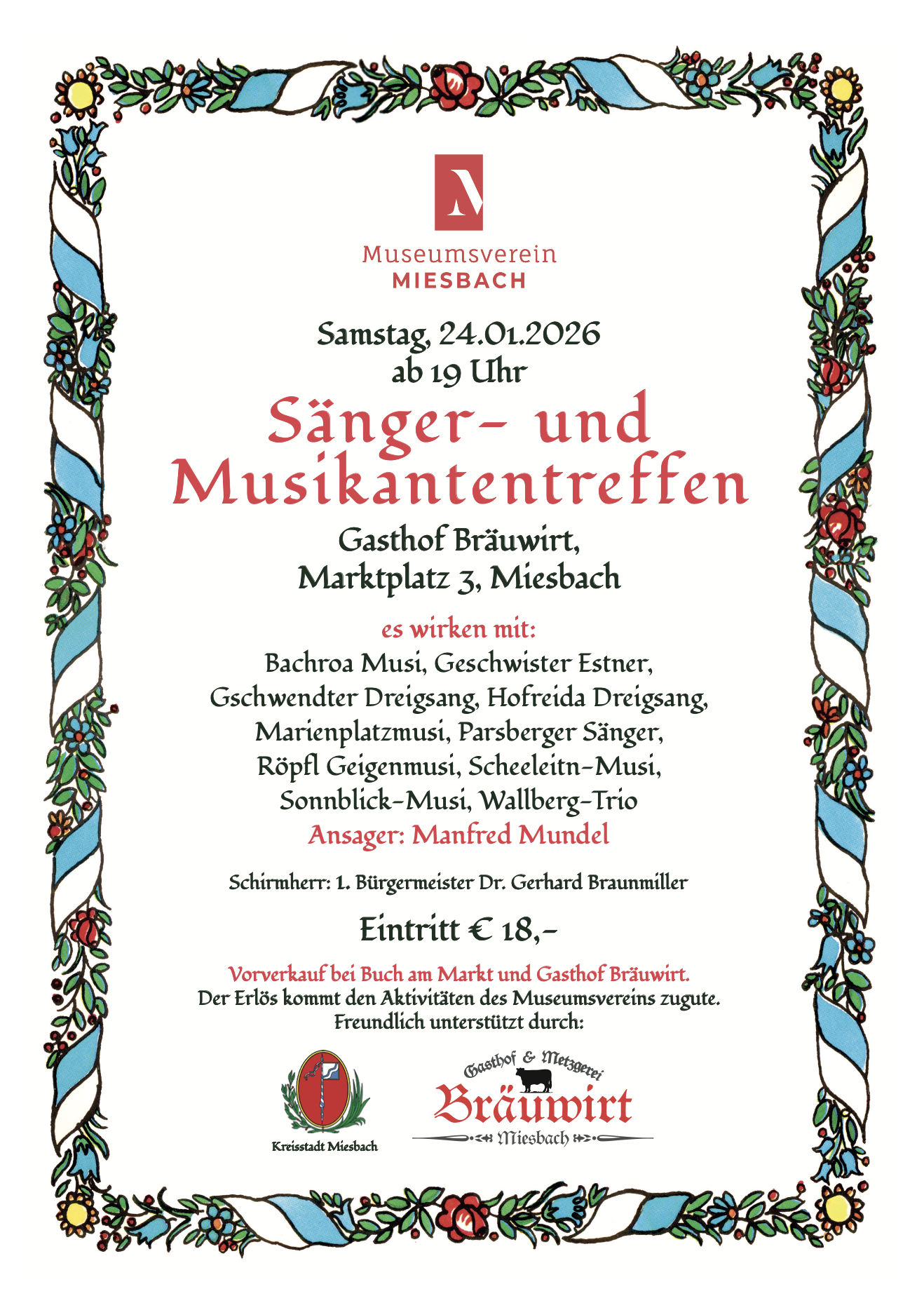 Sänger- und Musikantentreffen am Samstag, 24.01.2026 im Bräuwirt Miesbach